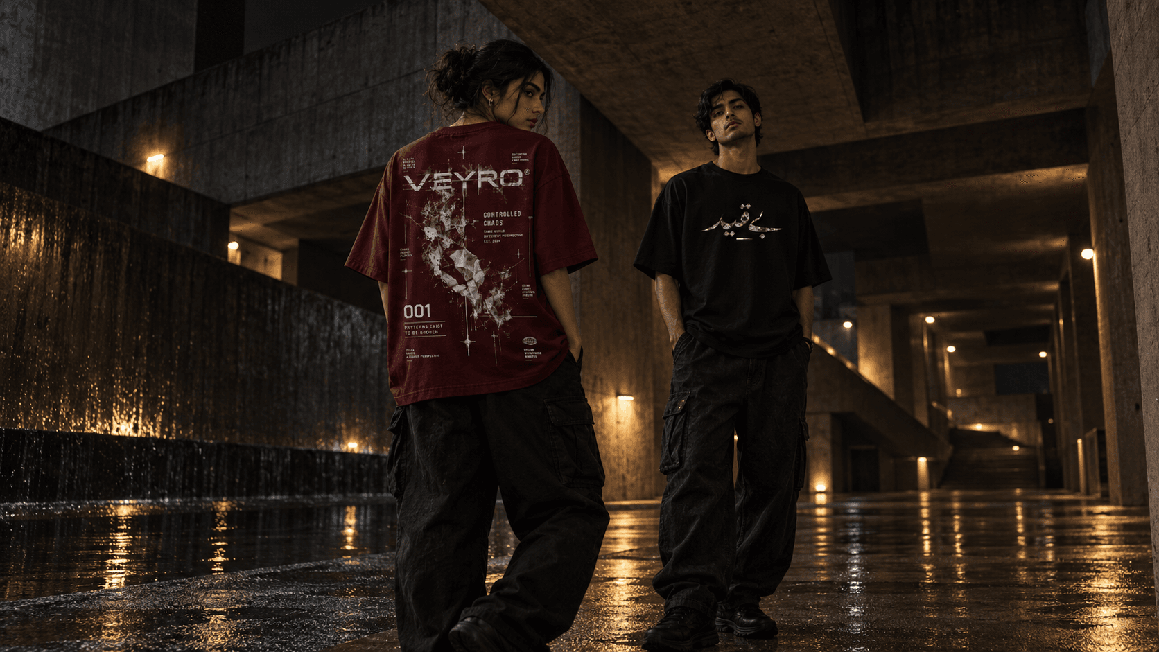 VEYRO After Hours campaign featuring two models in streetwear in a rain-soaked urban underpass.