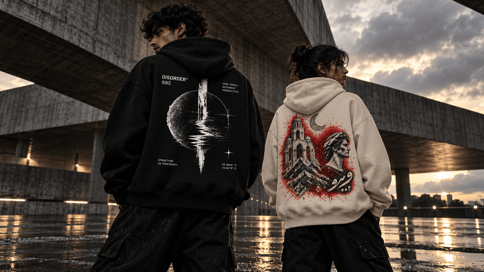 VEYRO Drop 001 campaign featuring two models in streetwear