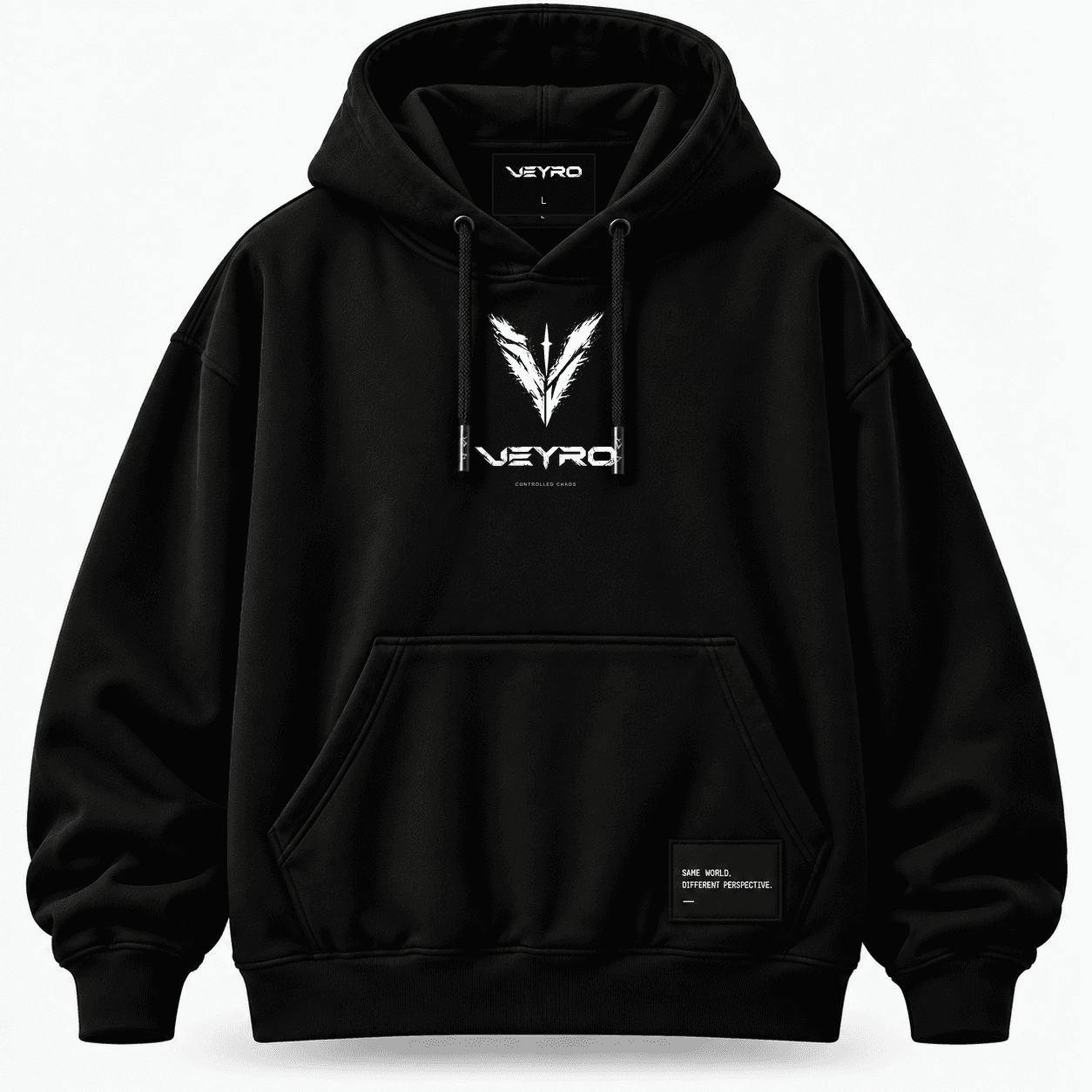 VEYRO Disorder Hoodie 002, clean front view with chest lockup