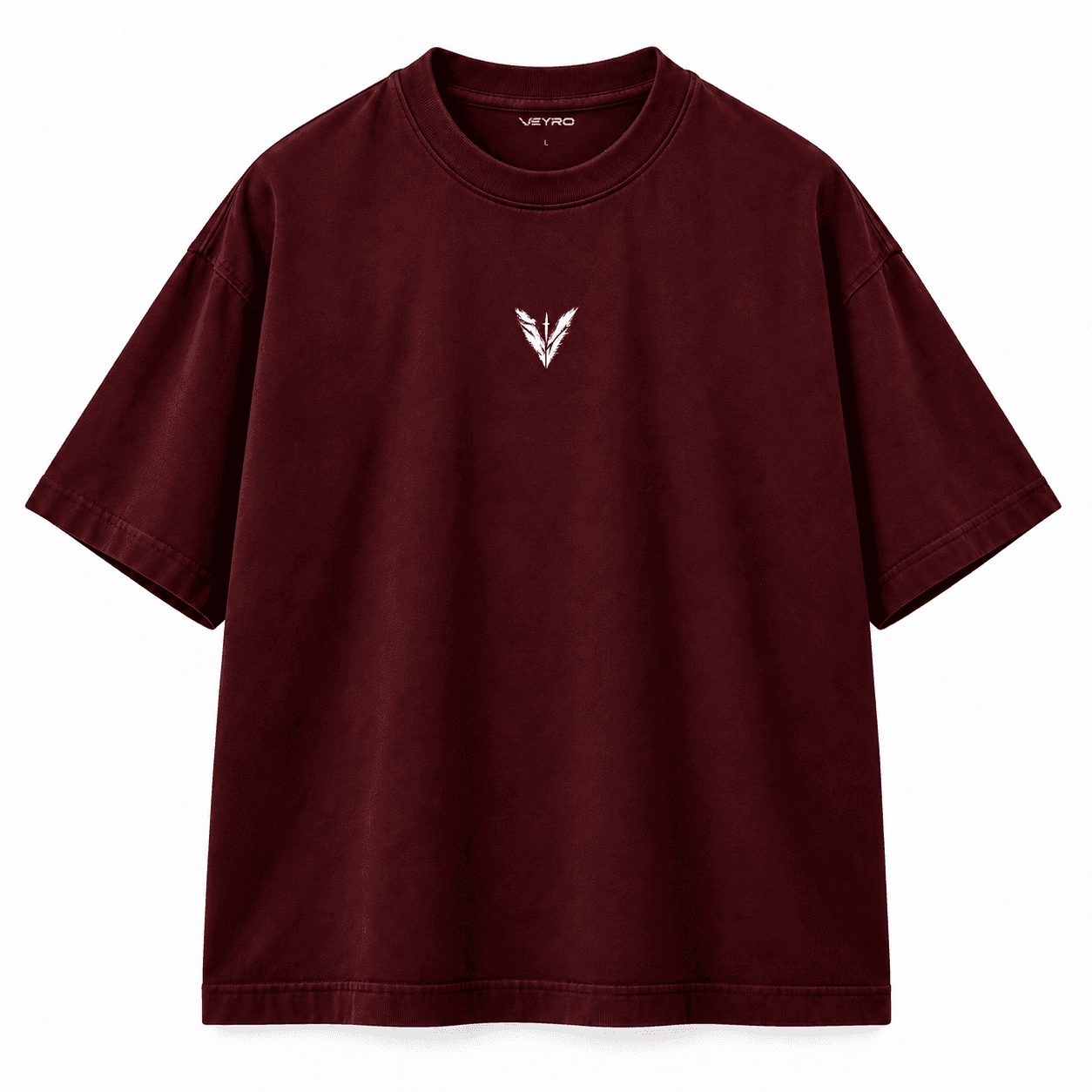 VEYRO Controlled Chaos Tee 001 in Oxblood, clean front view with centered V chest print