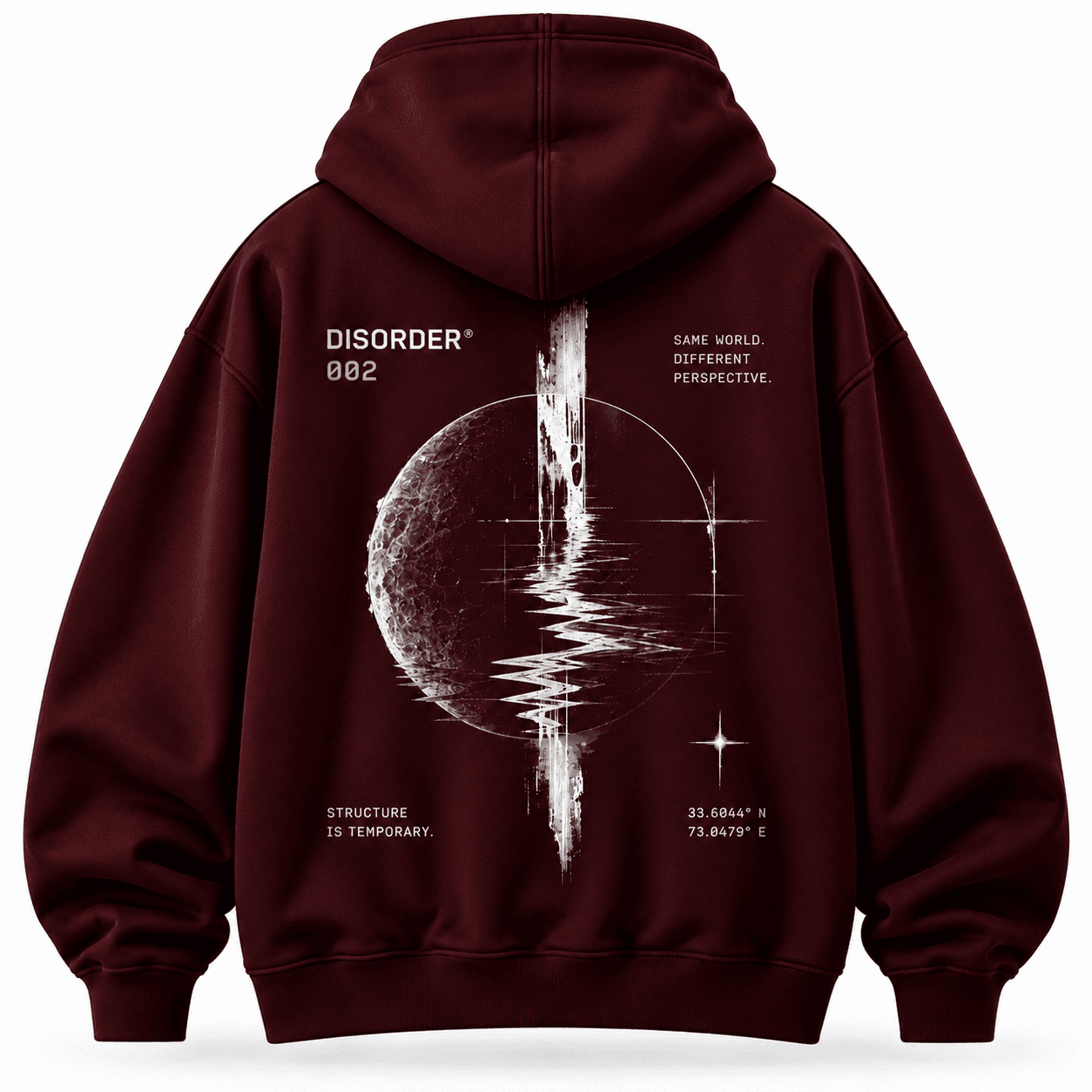 VEYRO Disorder Hoodie 002 in Oxblood, clean back view with DISORDER artwork