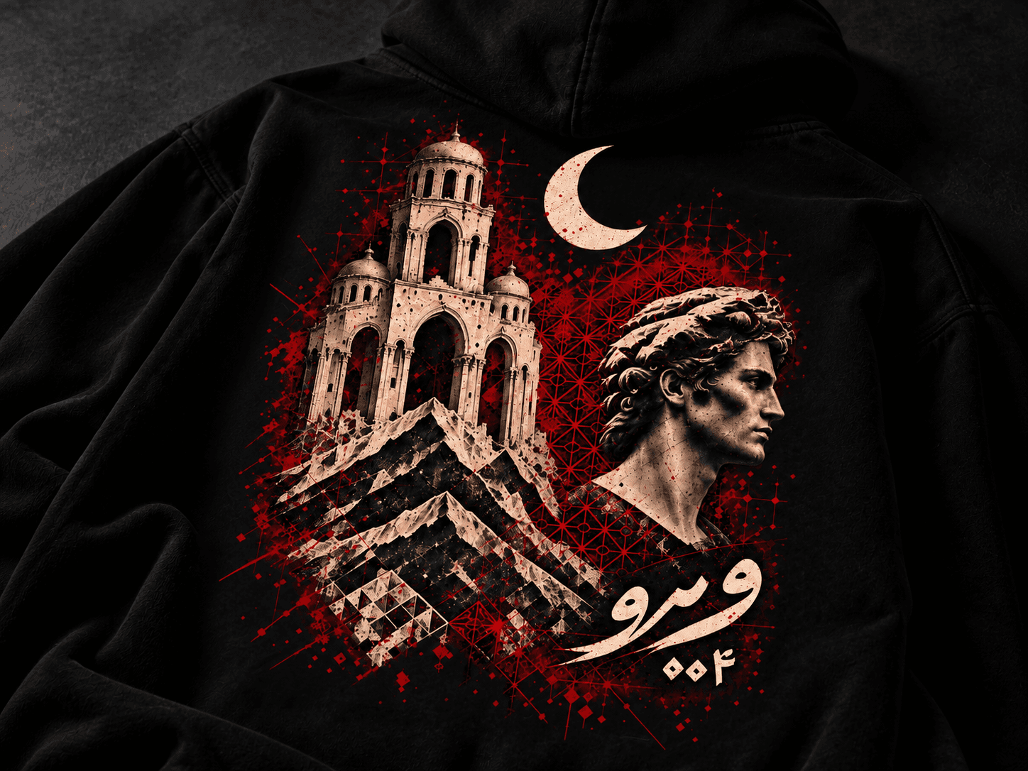 VEYRO Roots in Ruin Hoodie 004 in Black, cinematic angled back view showing the approved heritage artwork