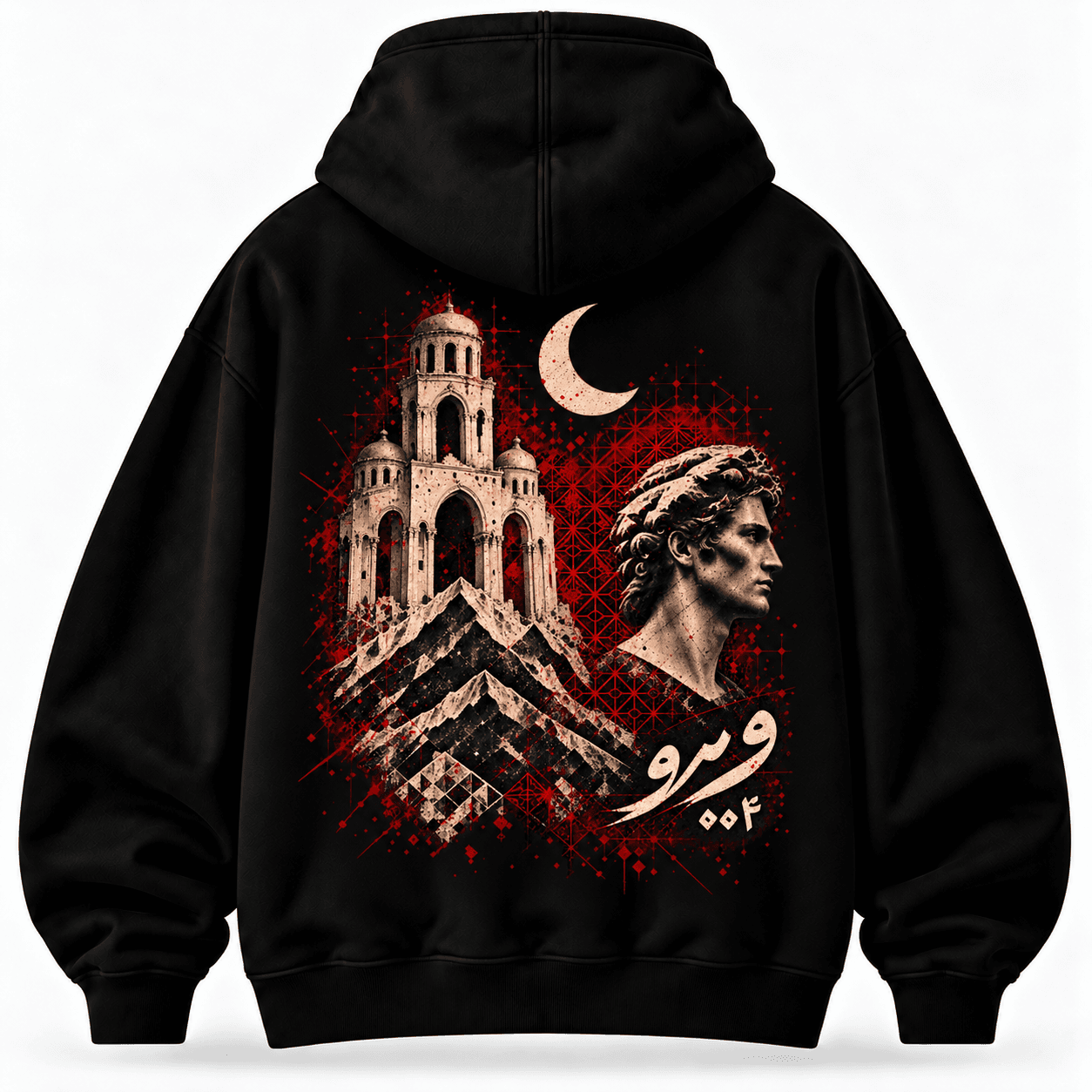 VEYRO Roots in Ruin Hoodie 004 in Black, straight back studio view with the approved heritage artwork