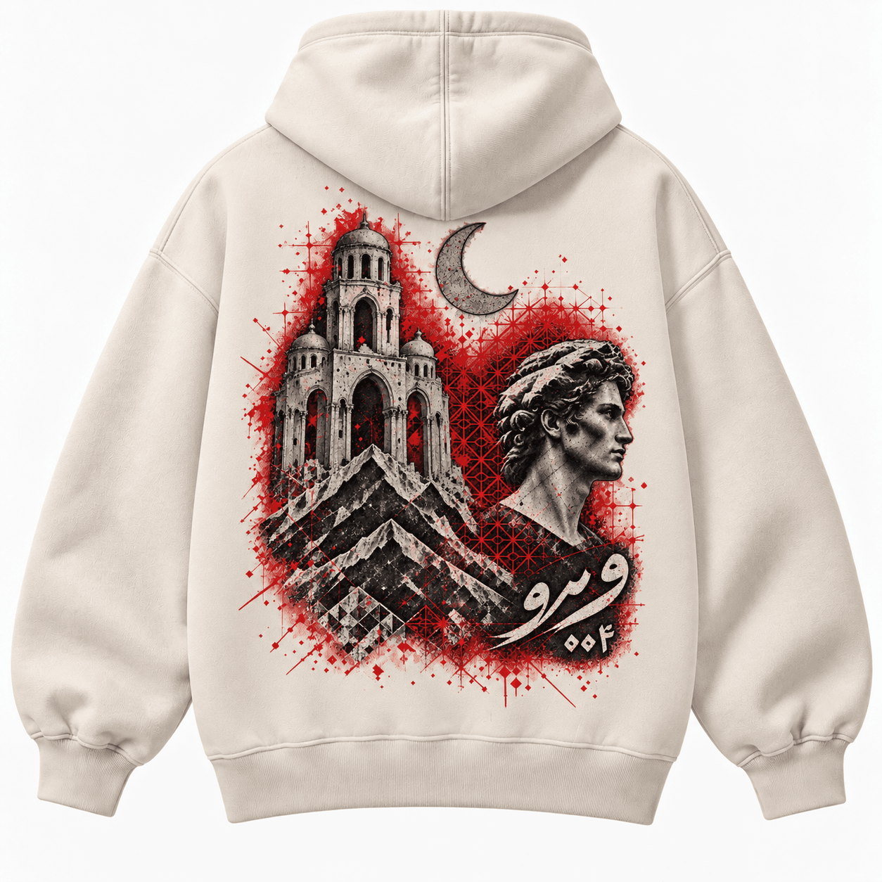 VEYRO Roots in Ruin Hoodie 004 in Bone, straight back studio view with the approved black, charcoal, and red heritage artwork