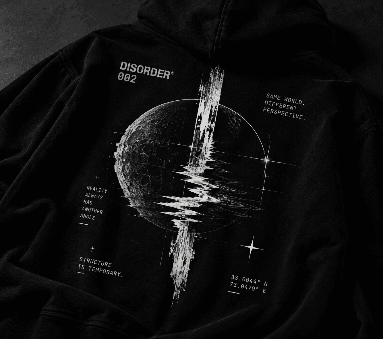 VEYRO Disorder Hoodie 002 back artwork detail on black fabric