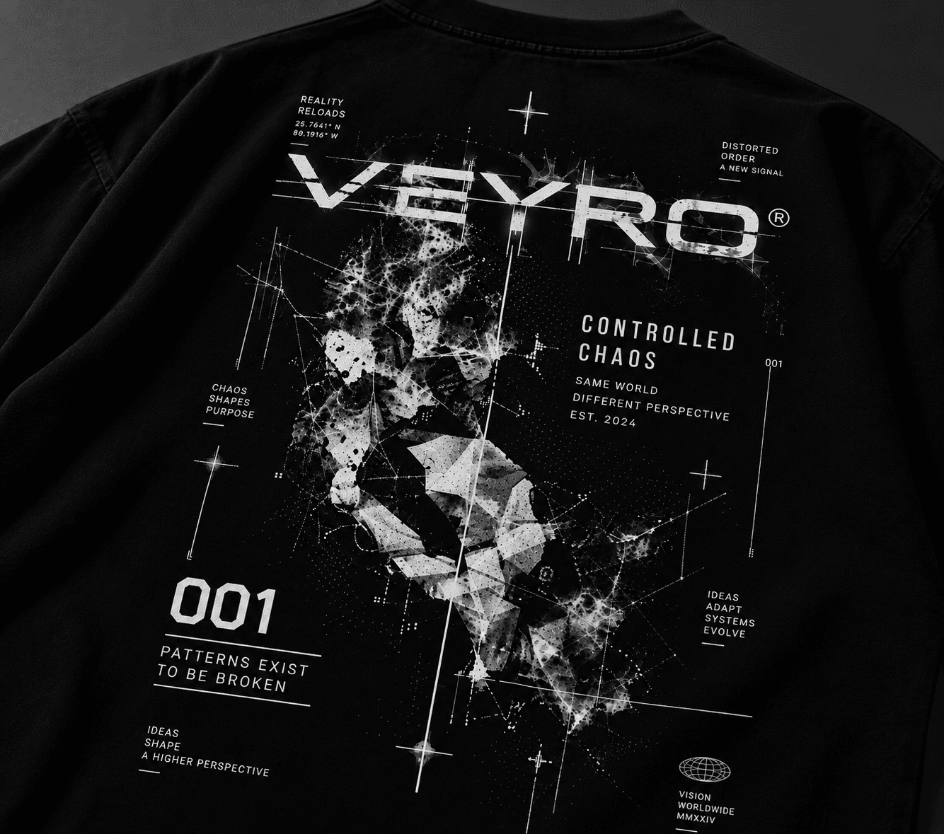 VEYRO Controlled Chaos Tee 001 back print detail showing distressed typography and technical linework