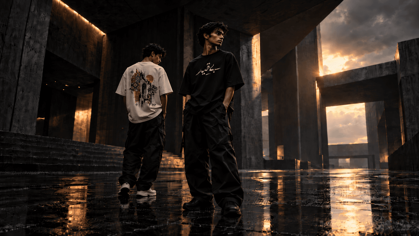 VEYRO World campaign featuring models wearing Articles 003 and 004 in brutalist architecture at sunset.