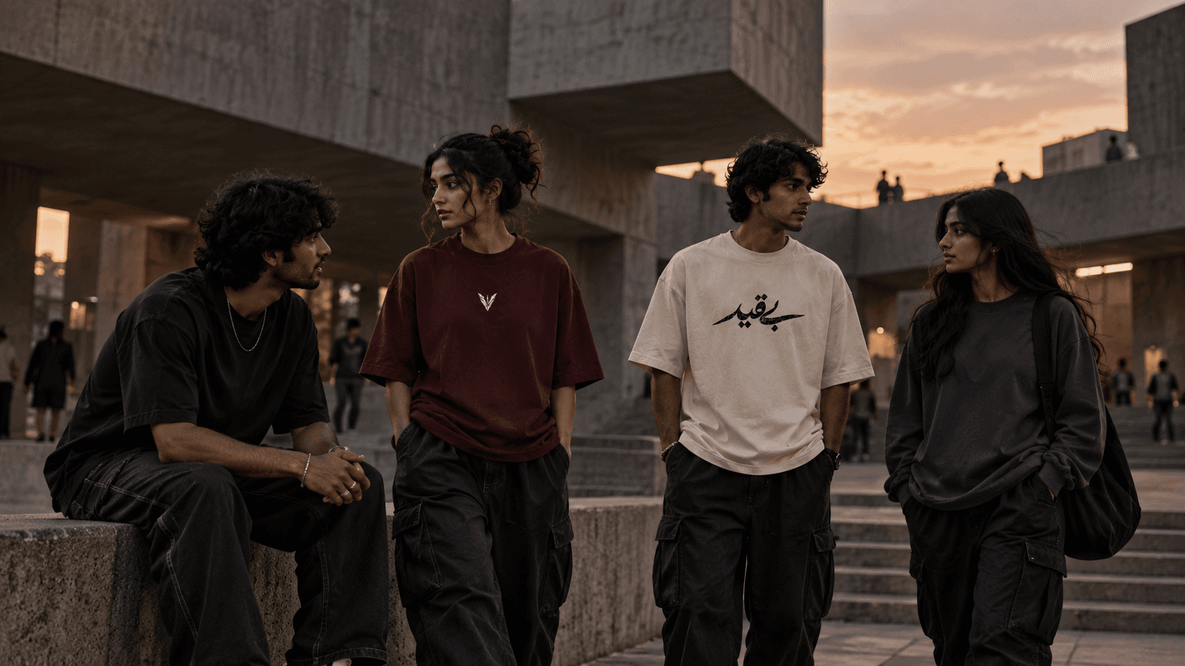 VEYRO World culture gathering in brutalist architecture at dusk.