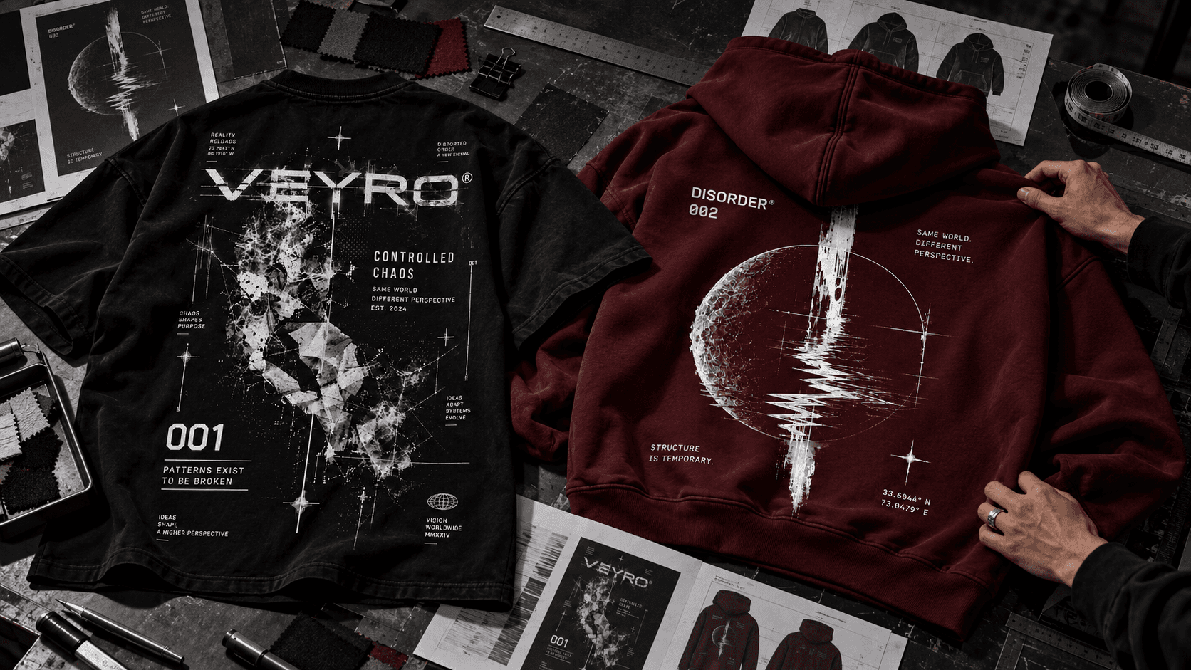 VEYRO garment process with Articles 001 and 002, fabric swatches, artwork studies, and hands at work.